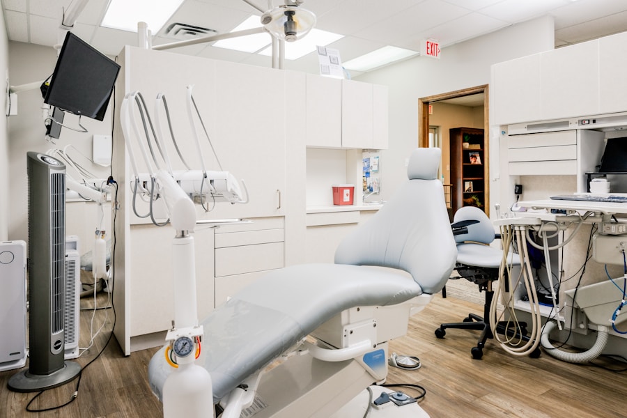 Clinical treatment room with sterilized instruments and medical equipment.